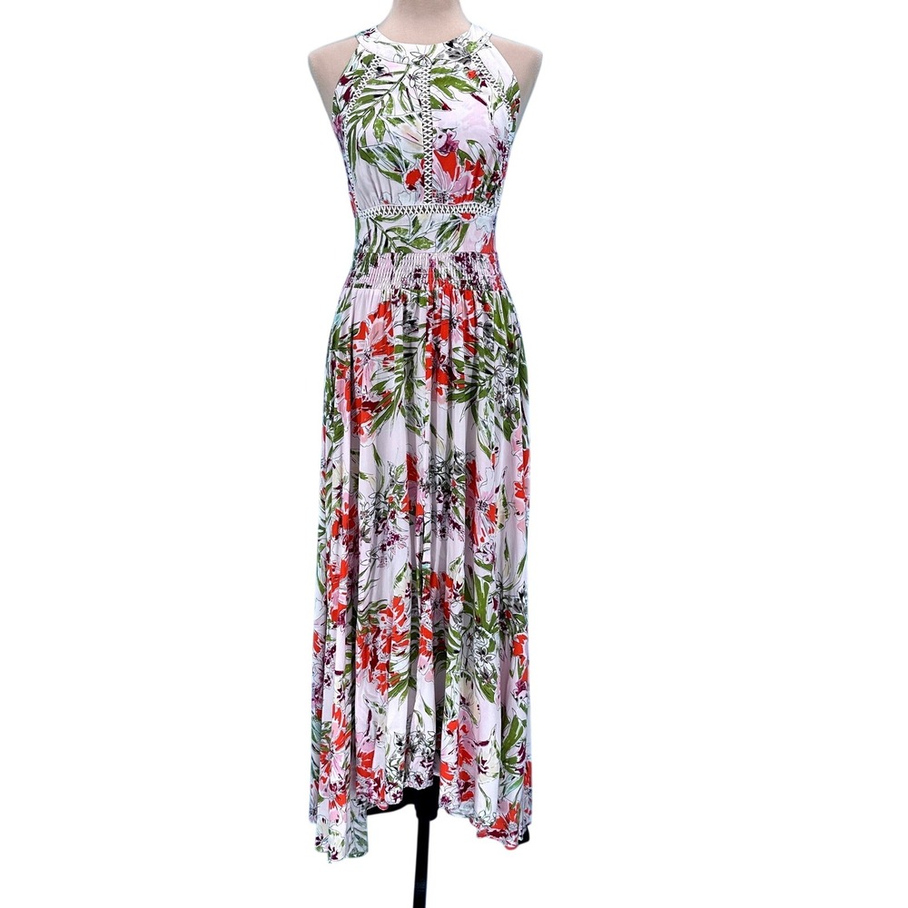 Abel The‎ Label Floral Halter Maxi Dress Smocked Waist Open Back Tropical Pink M